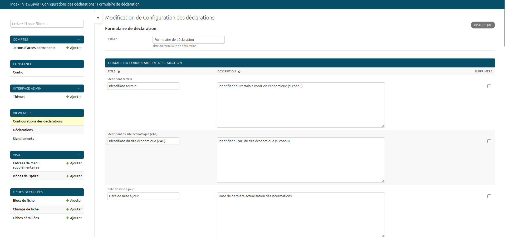 Configuration du formulaire de déclarations