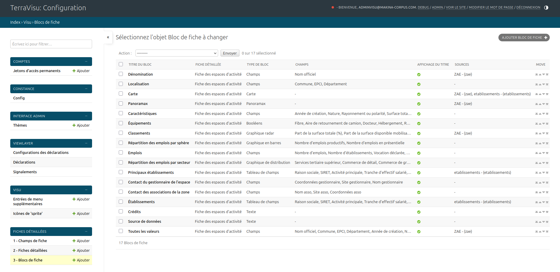 Liste des sections de fiche