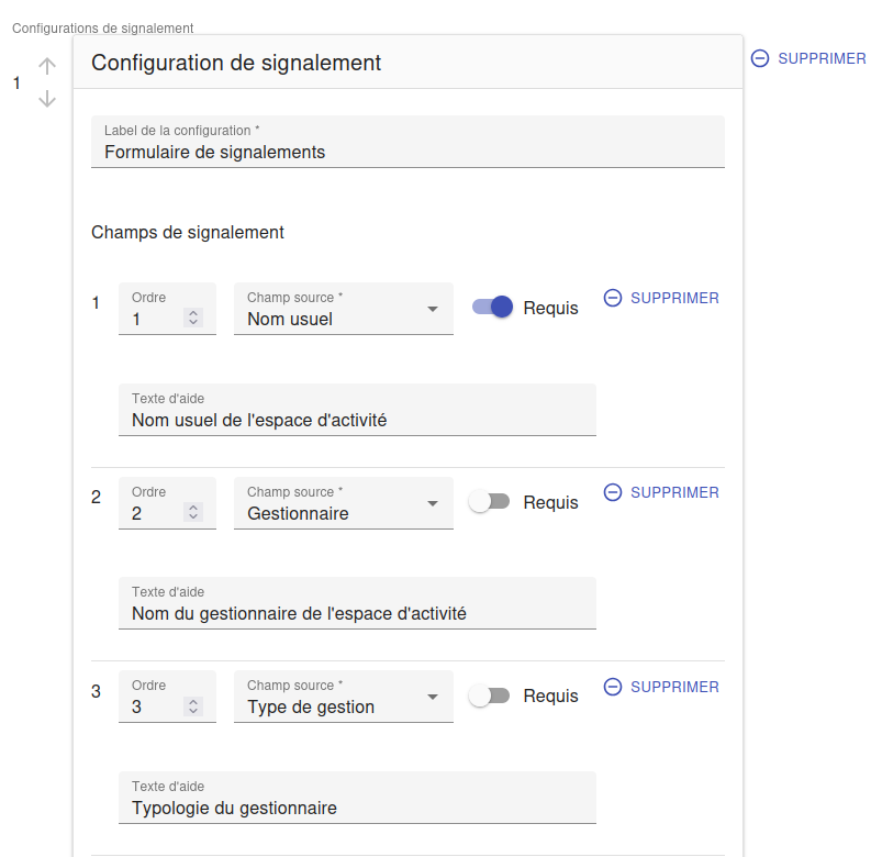 Configuration du formulaire de signalements